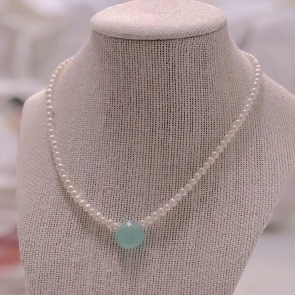 None Jewelry - Handmade Pearl-like‎ beaded strand with turquoise colored focal bead
